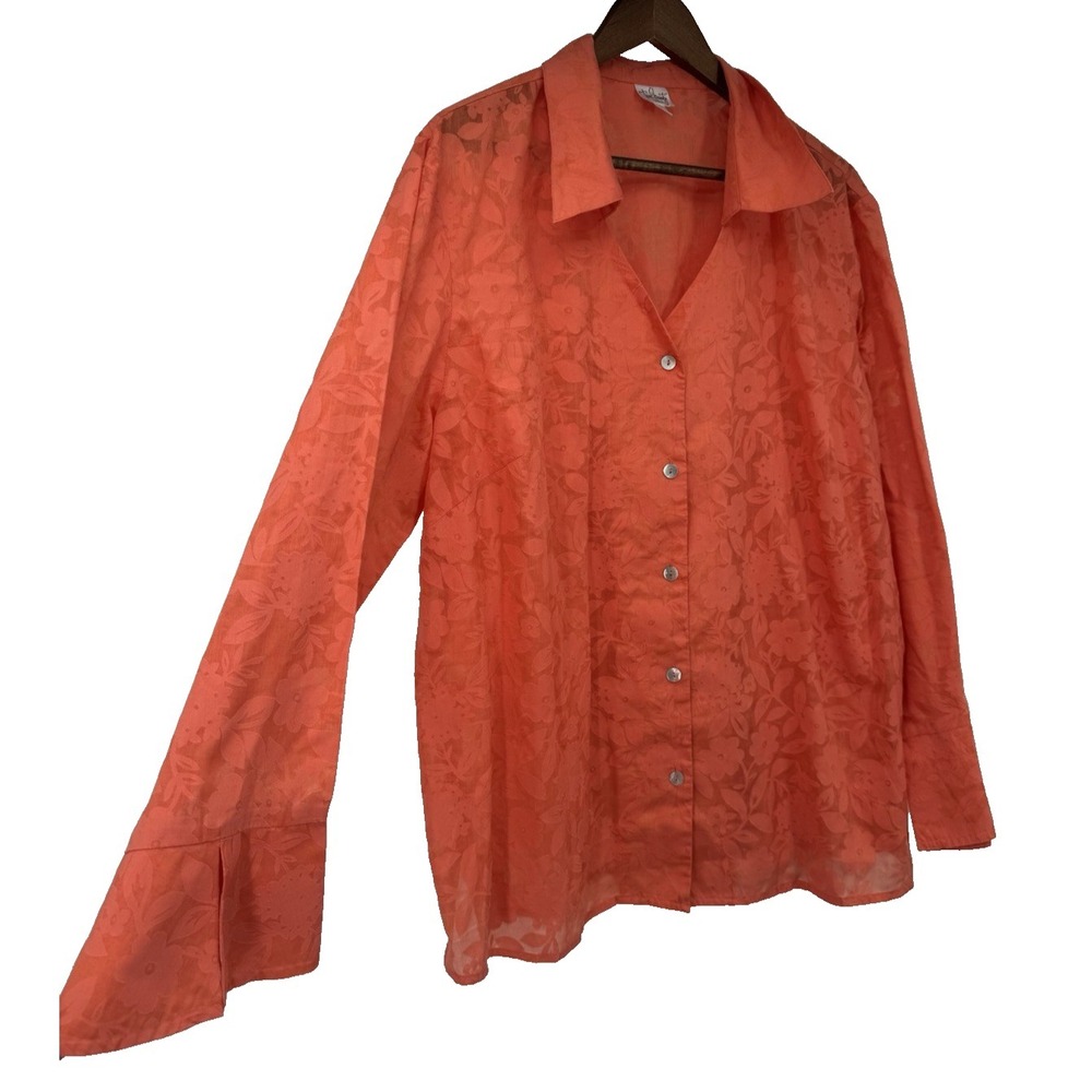True Beauty by Emme orange‎ Sheer burnout Button-up Blouse beachy cover up fairy